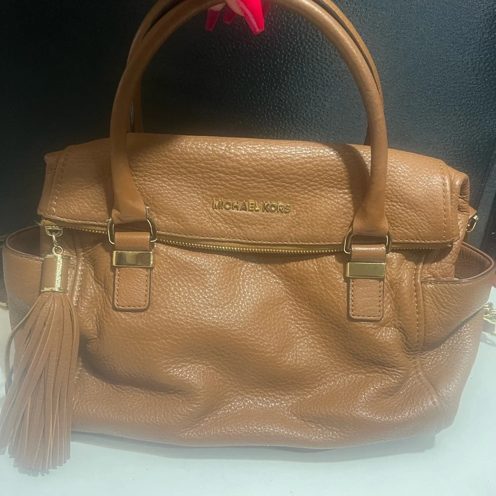 Michael Kors Cognac Pebbled Leather Fold Over Satchel with Tassel - Picture 1 of 8